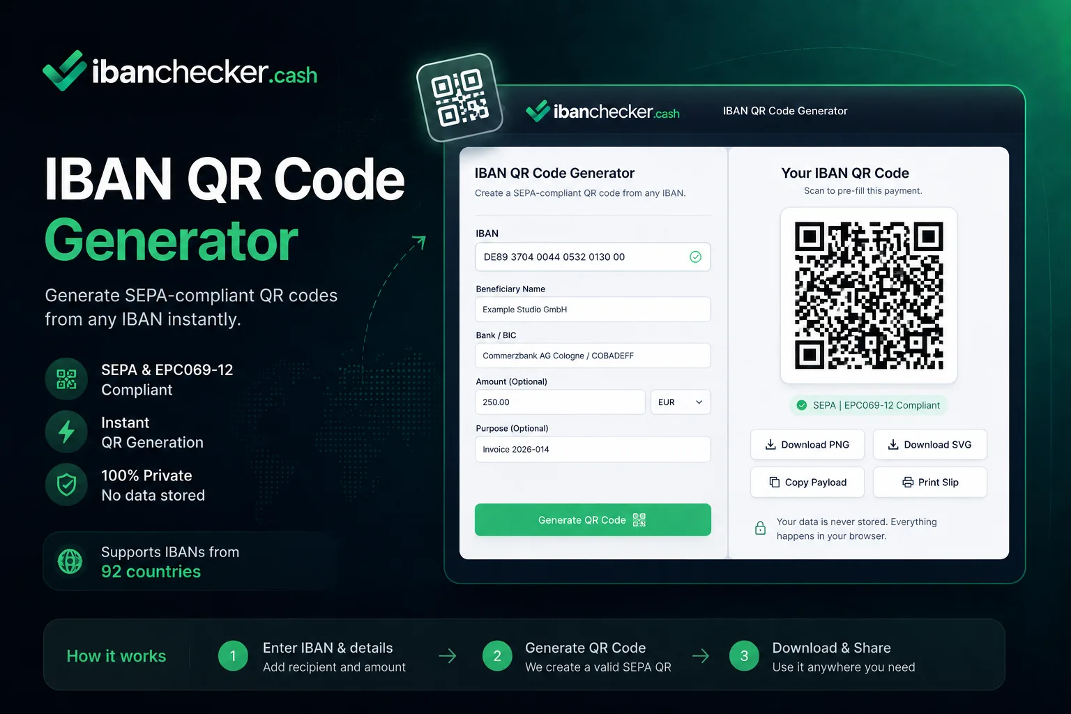 IBAN QR Code Generator interface: enter an IBAN and beneficiary to produce a SEPA-compliant EPC069-12 QR code, then download as PNG or SVG