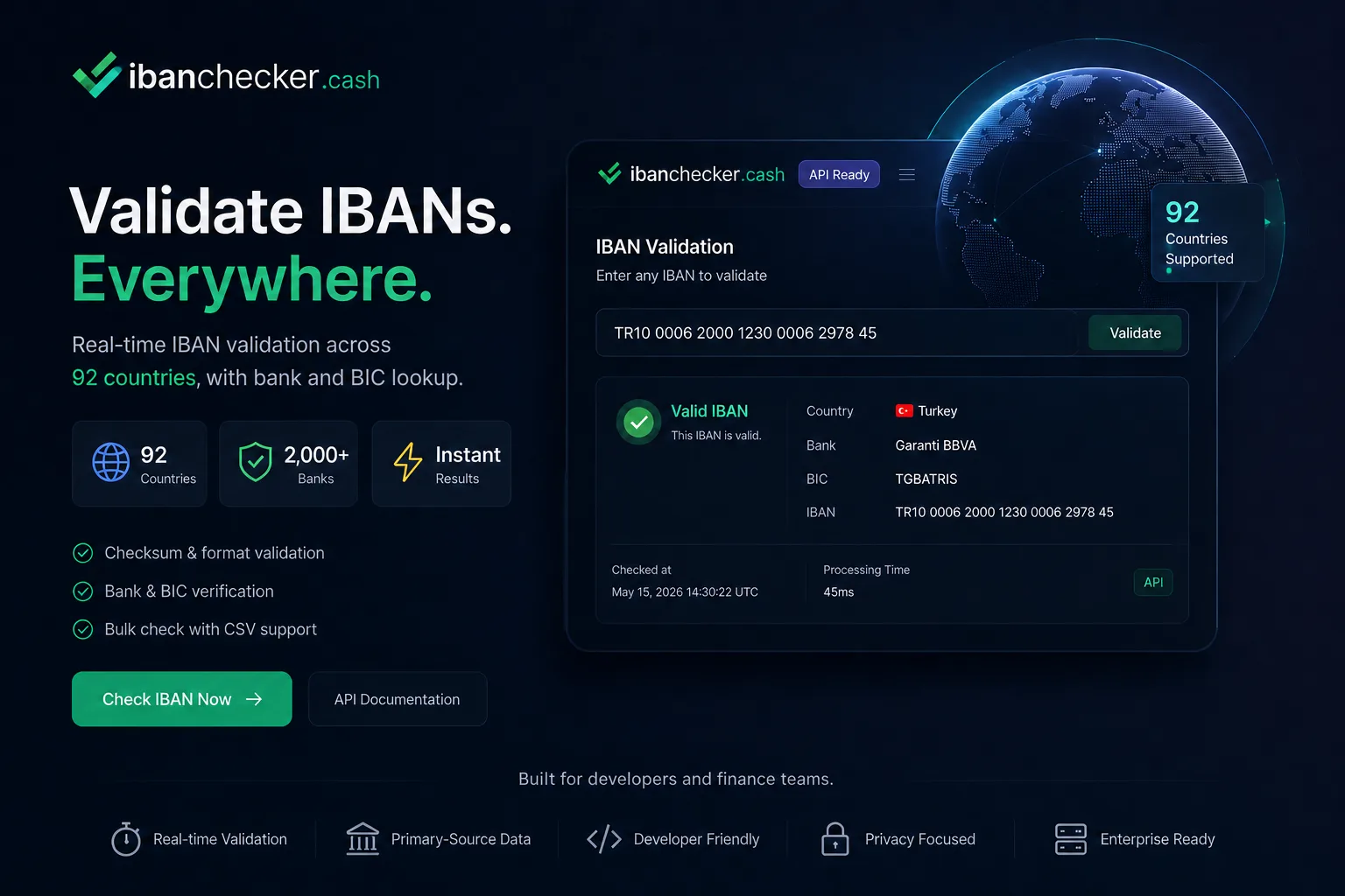 ibanchecker.cash IBAN validation tool showing a validated Turkish IBAN with bank name, BIC and country lookup